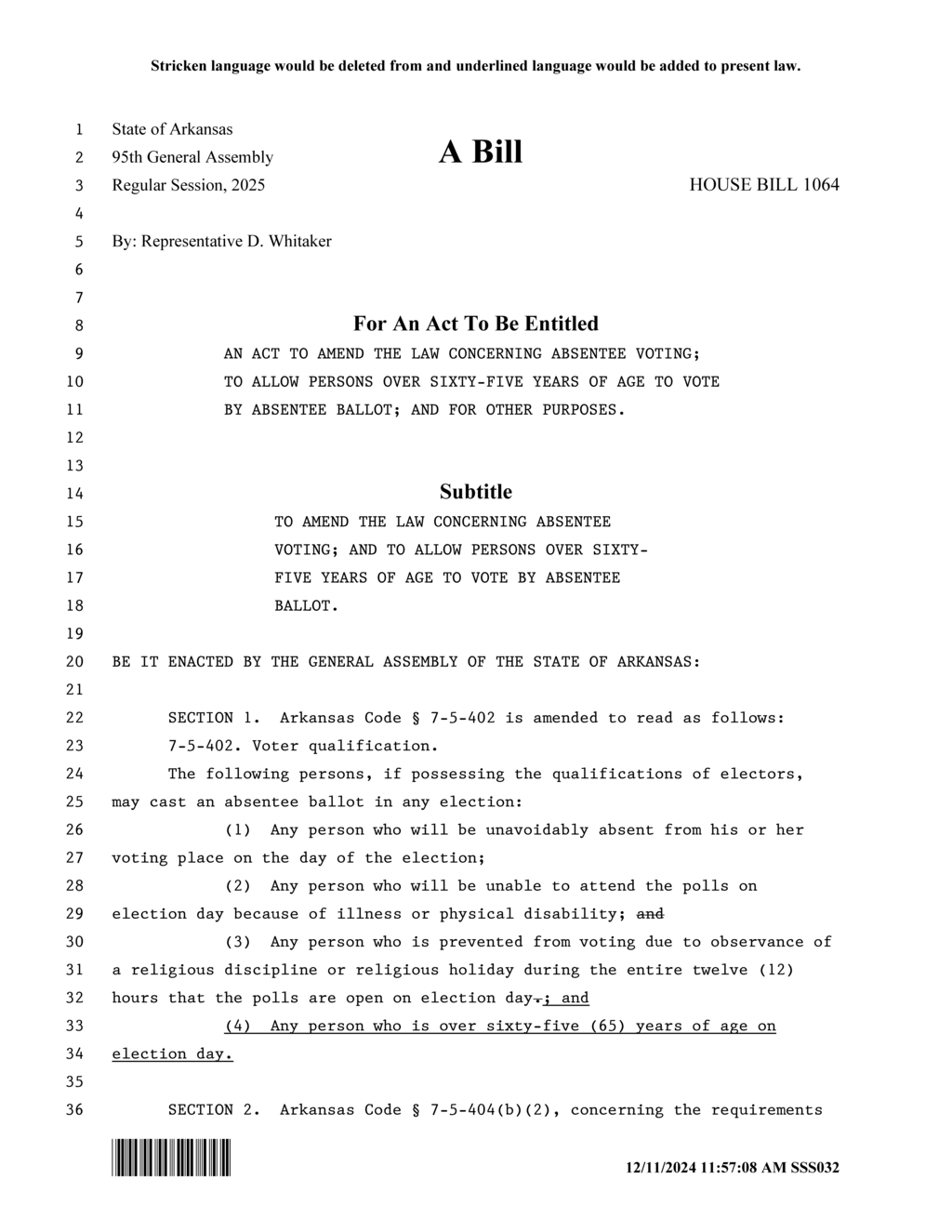Arkansas House Bill 1064 expands absentee voting eligibility for seniors over sixty-five