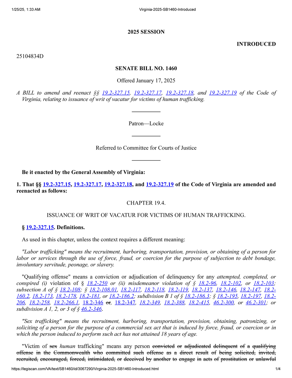 Senator Locke introduces Virginia bill for writ of vacatur for human trafficking victims