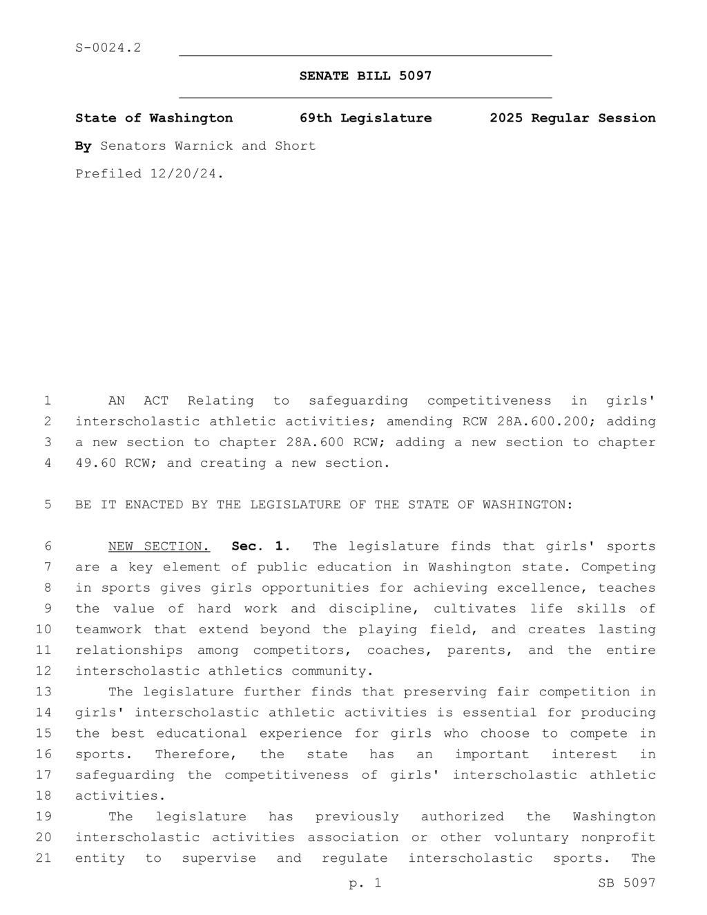 Washington Legislature enacts bill to protect competitiveness in girls' interscholastic athletics