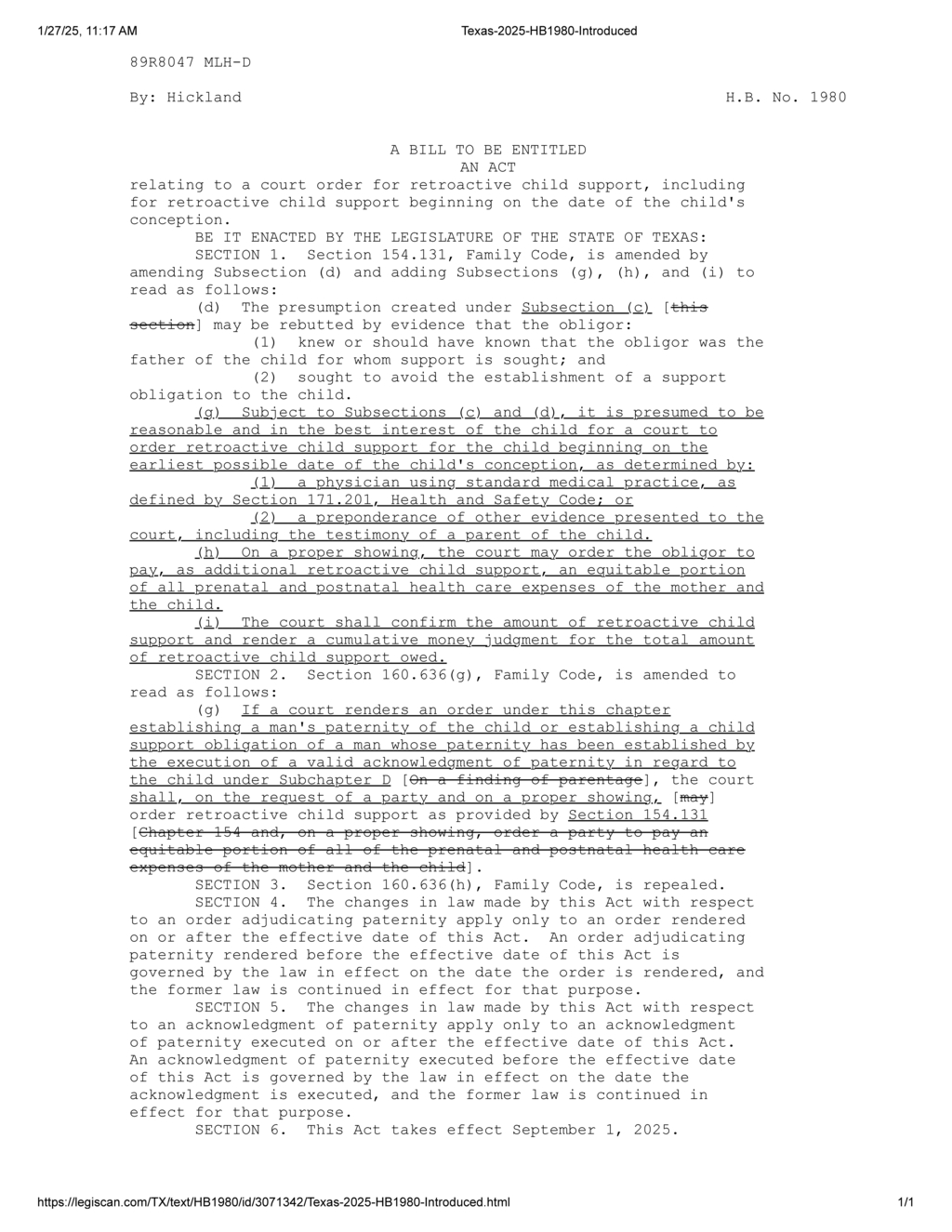 Texas legislators propose retroactive child support bill effective September 2025