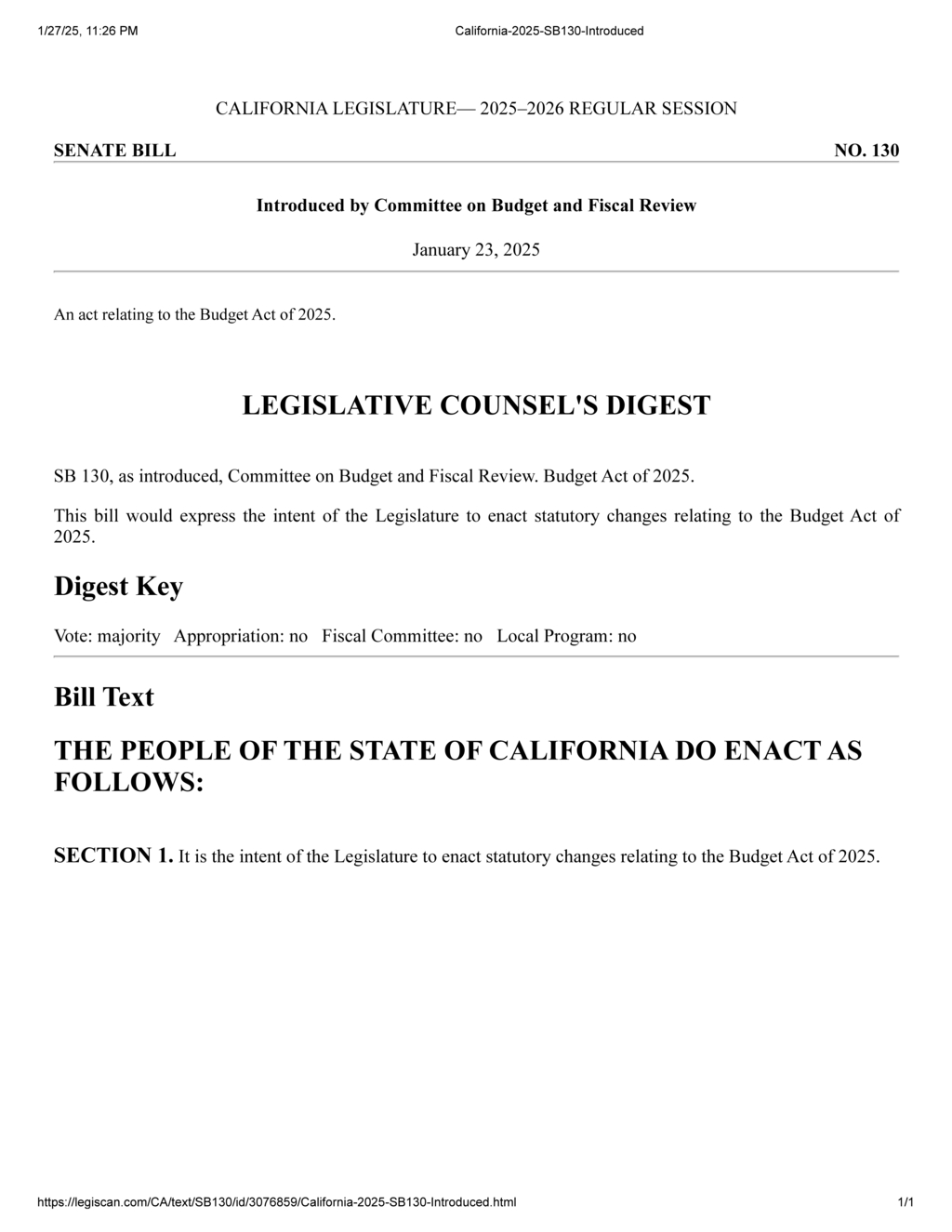 California Legislature introduces SB 130 to amend 2025 Budget Act
