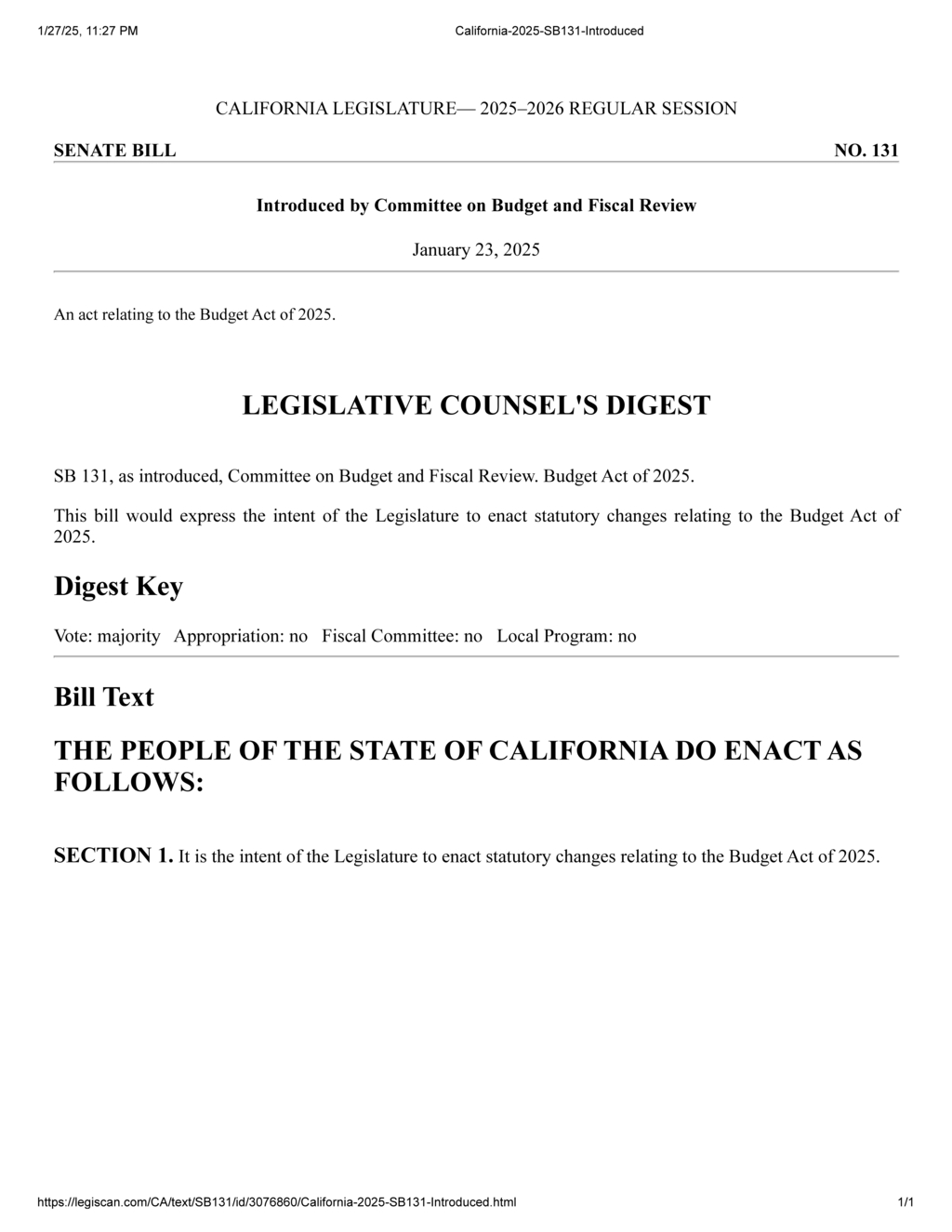 California Senate introduces SB 131 intending to revise Budget Act of 2025