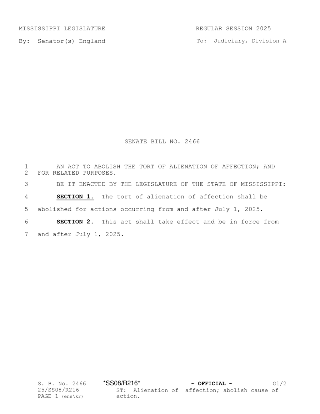Mississippi Senate passes bill to eliminate alienation of affection tort starting July 2025