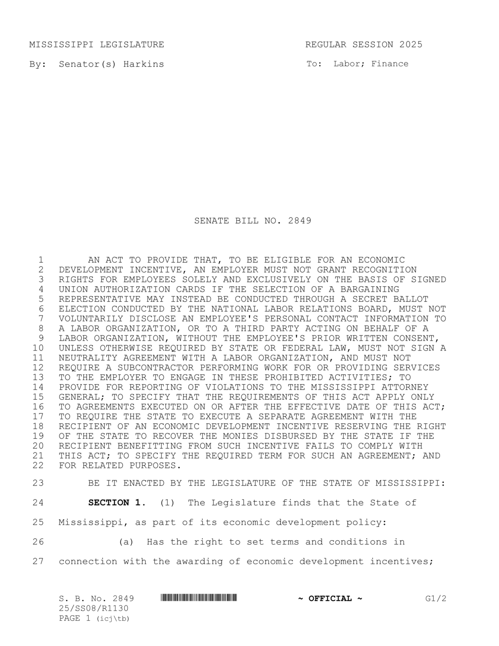 Mississippi Senate passes bill restricting labor organizations from accessing employee contact information