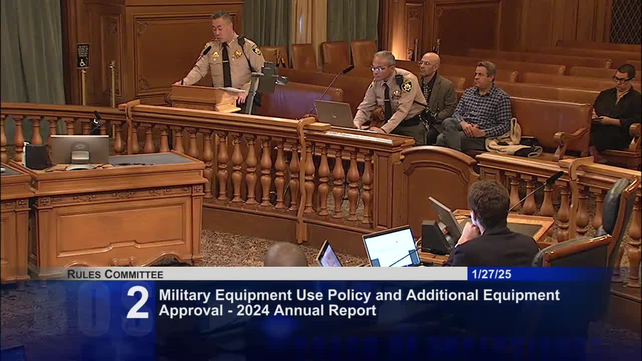 Sheriff Miyamoto presents 2024 military-equipment report and new purchase requests; committee continues item for full board review