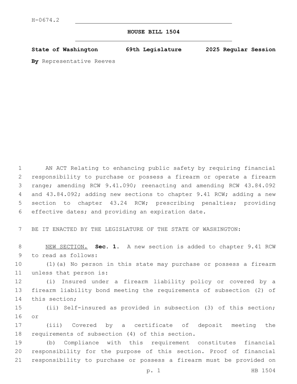 Washington legislature mandates firearm liability insurance for gun ownership and operation