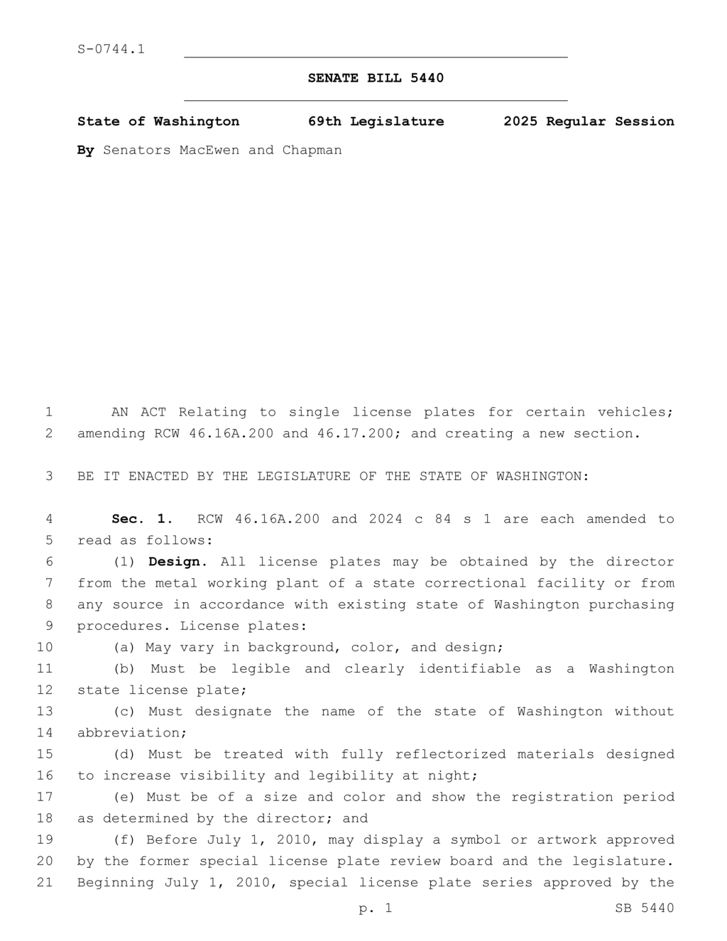 Washington Legislature enacts single license plate law for certain vehicles
