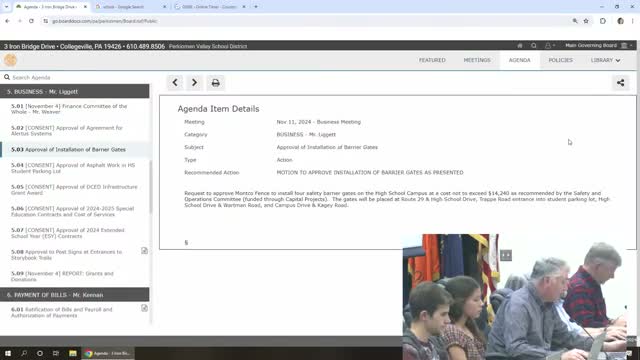Perkiomen Valley committee approves consent agenda and routine purchases, including $14,240 barrier gates and storybook-trail signs