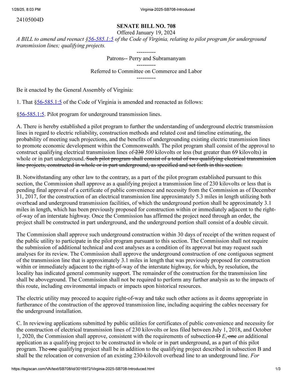 Virginia Senate introduces $24M pilot program for underground electric transmission lines