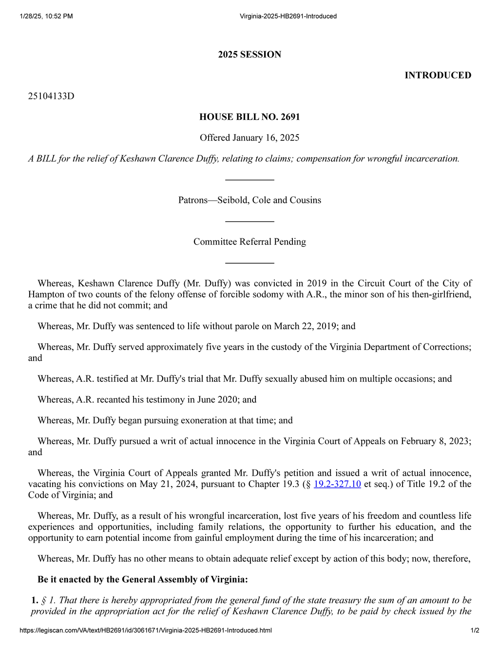 Virginia General Assembly introduces bill for Keshawn Duffy's wrongful incarceration relief