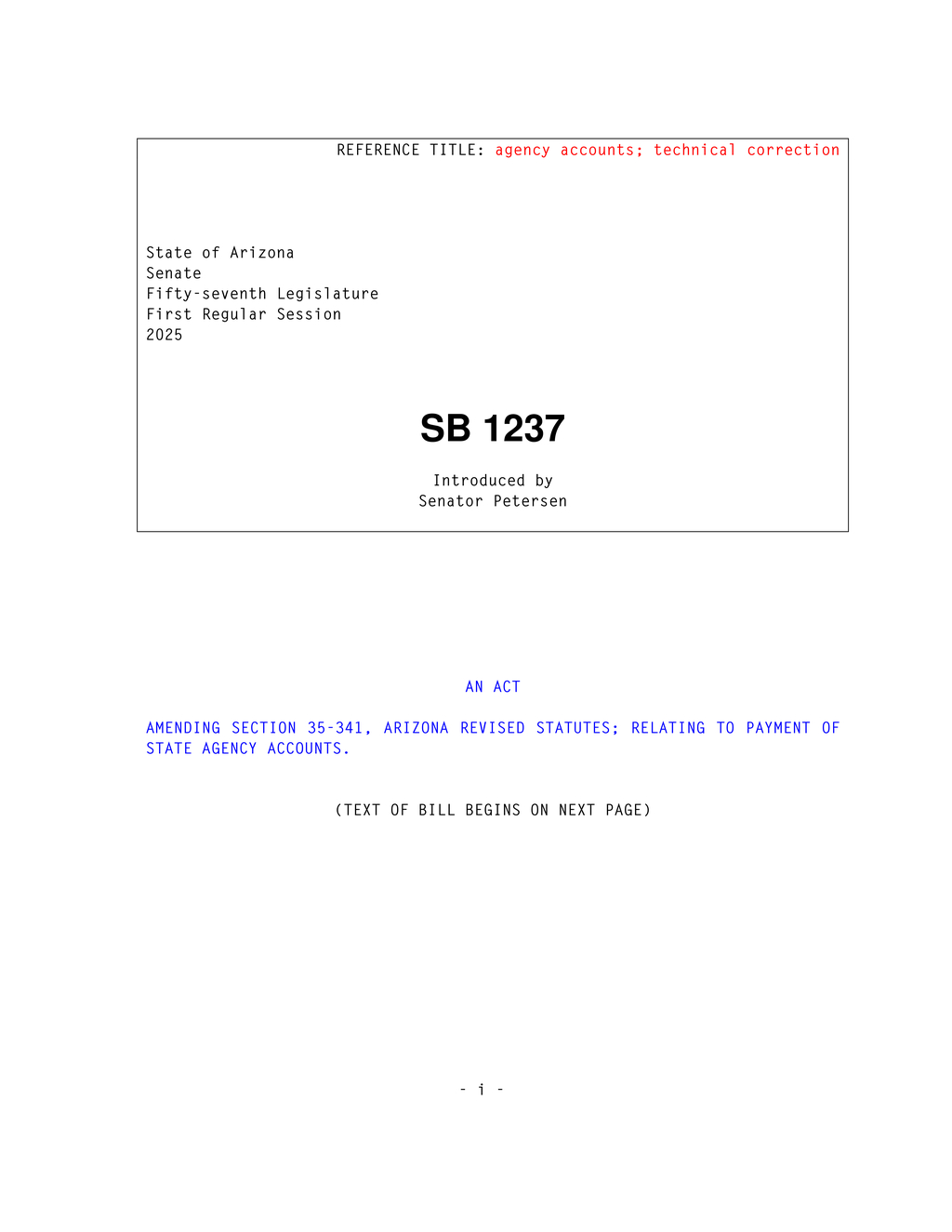 Senator Petersen introduces SB 1237 to amend Arizona state agency payment regulations