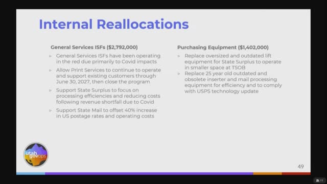 State officials say aging state mail equipment and smaller surplus warehouse require using retained ISF earnings instead of higher rates