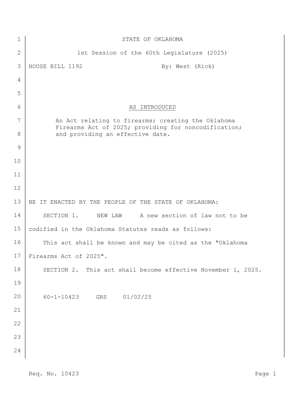 Oklahoma Legislature introduces firearms regulation with Firearms Act of 2025