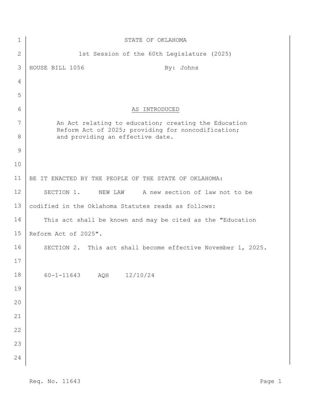 Oklahoma House introduces Education Reform Act of 2025 to improve state education system
