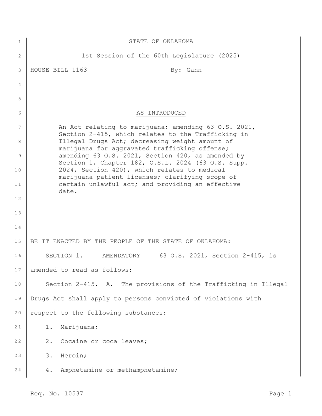 Oklahoma Legislature proposes HB 1163 to tighten marijuana trafficking penalties