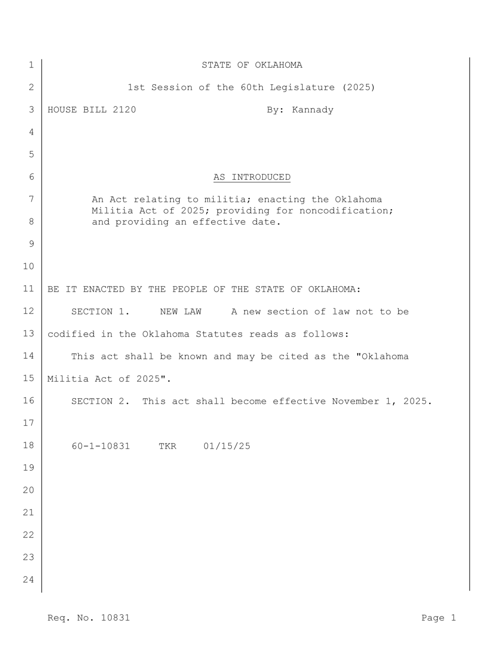 Oklahoma Legislature introduces Oklahoma Militia Act set to take effect in 2025