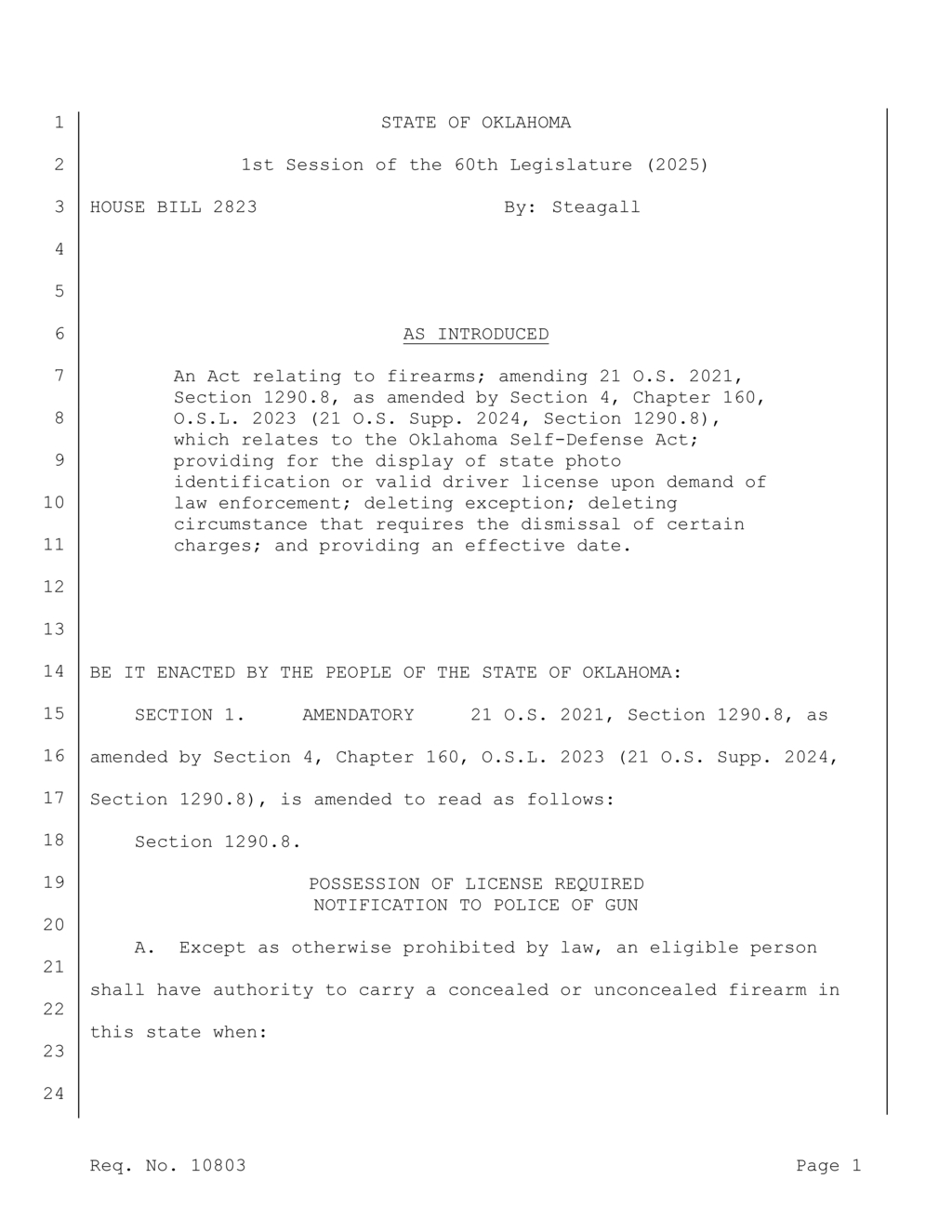 Oklahoma law requires firearm identification during arrests and traffic stops by 2025