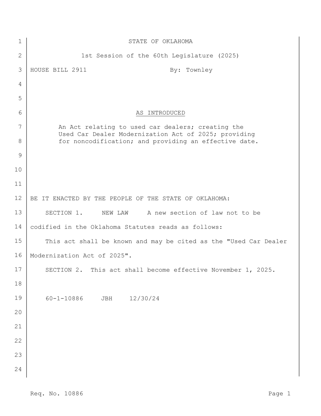 Oklahoma Legislature introduces Used Car Dealer Modernization Act set for 2025