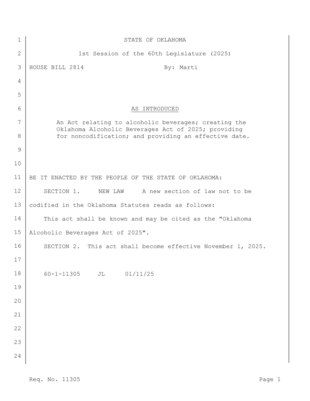 Oklahoma Legislature introduces Alcoholic Beverages Act set to take effect in 2025