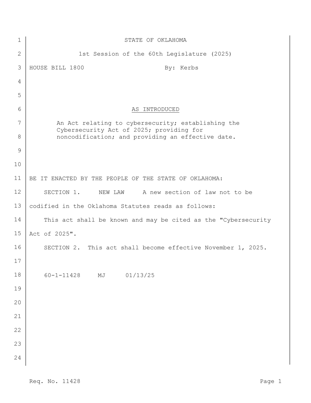 Oklahoma House introduces Cybersecurity Act of 2025 effective November 1