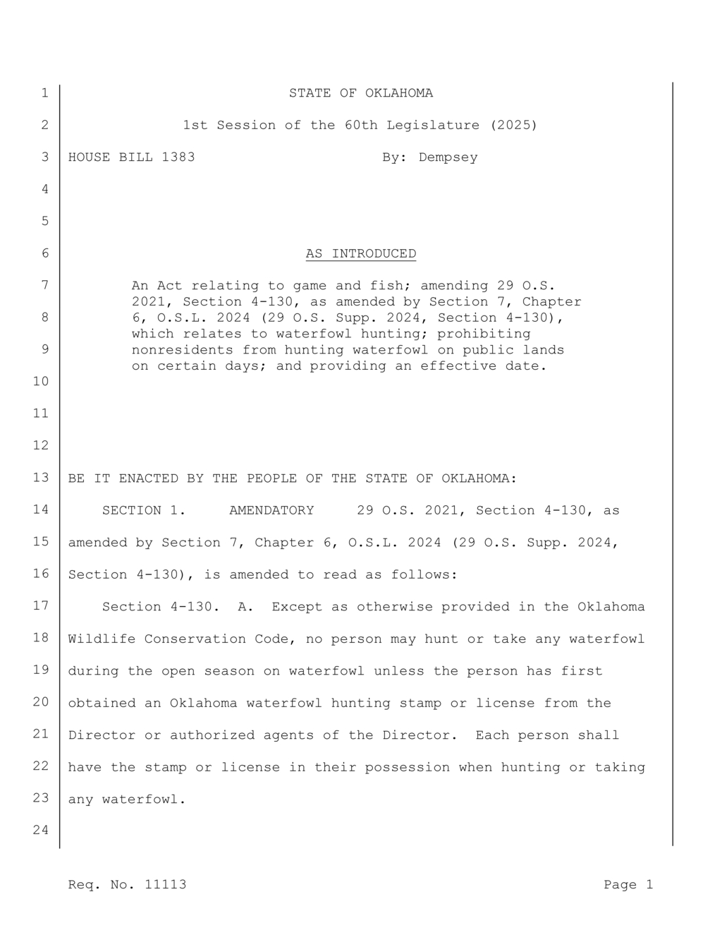 Oklahoma House Bill 1383 targets nonresident waterfowl hunting on public lands