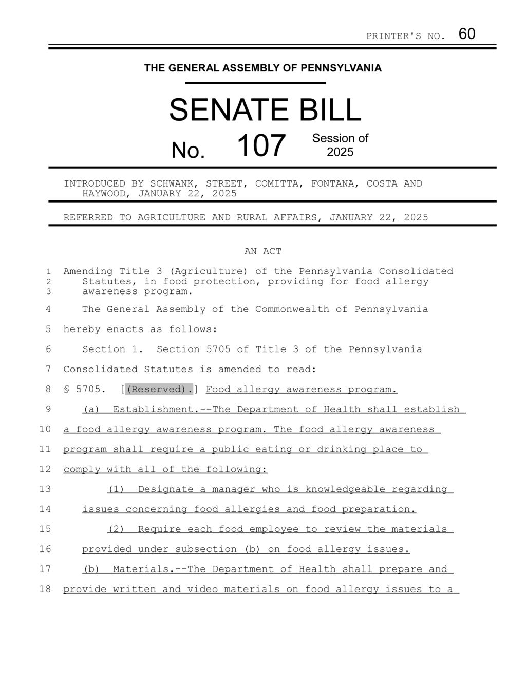 Pennsylvania Senate introduces food allergy awareness program to protect patrons