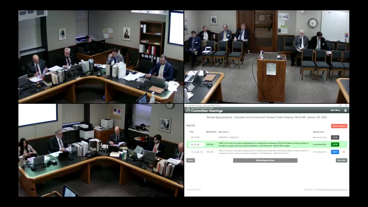 Committee reviews North Dakota University System Office budget; Armstrong and Burgum proposals differ on one‑time items