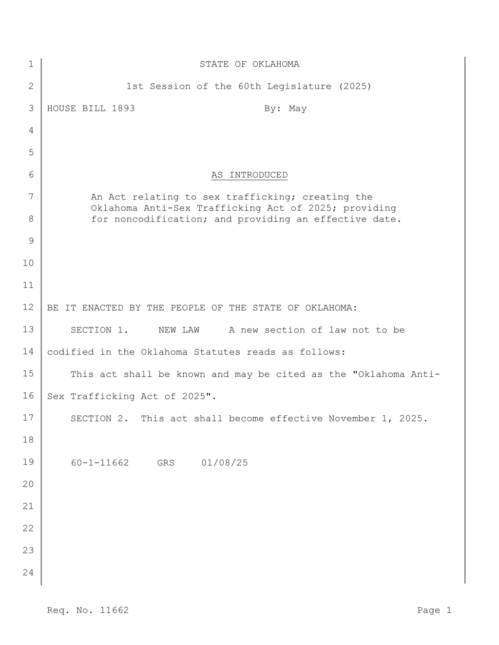 Oklahoma legislature introduces Anti-Sex Trafficking Act for 2025 session