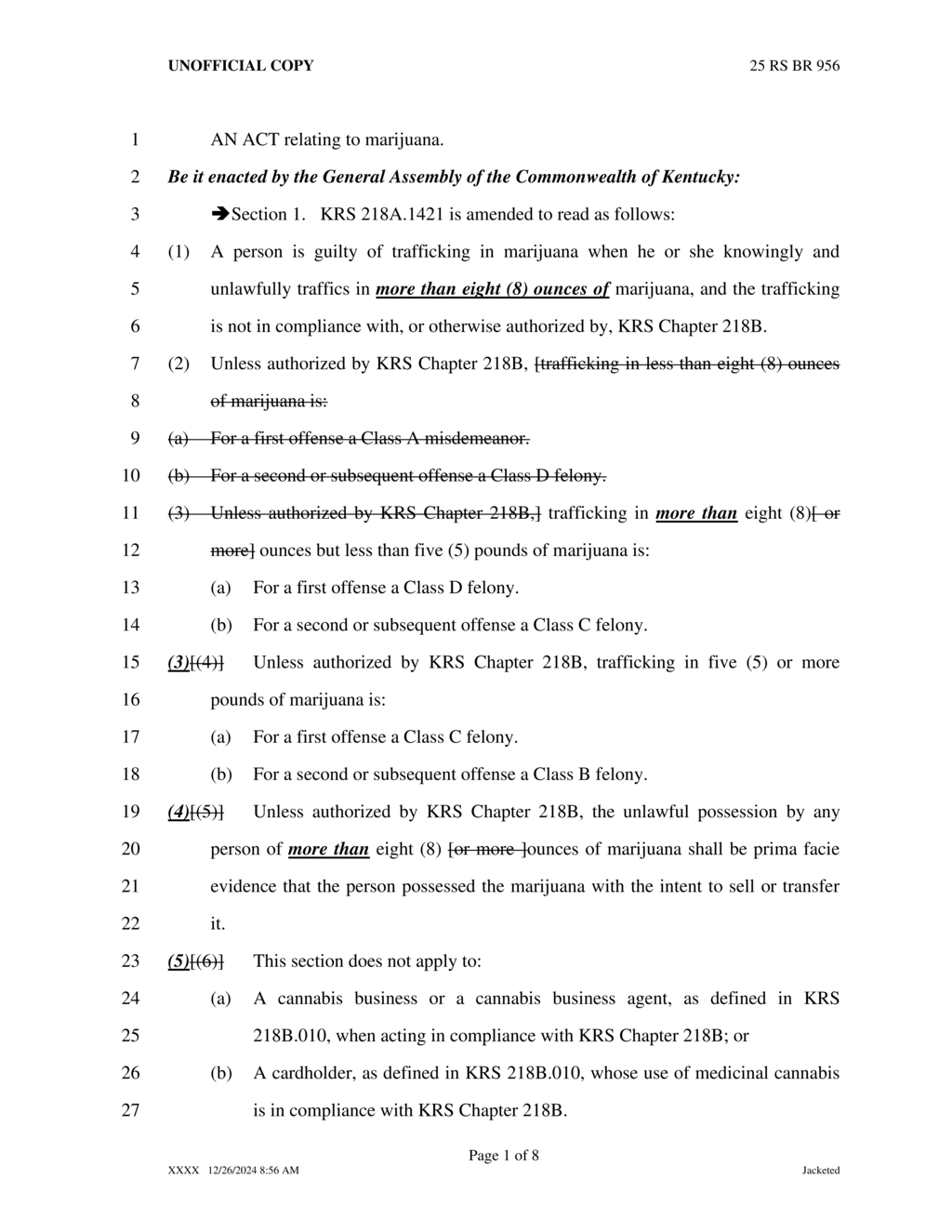 Kentucky General Assembly updates marijuana trafficking laws with new felony classifications