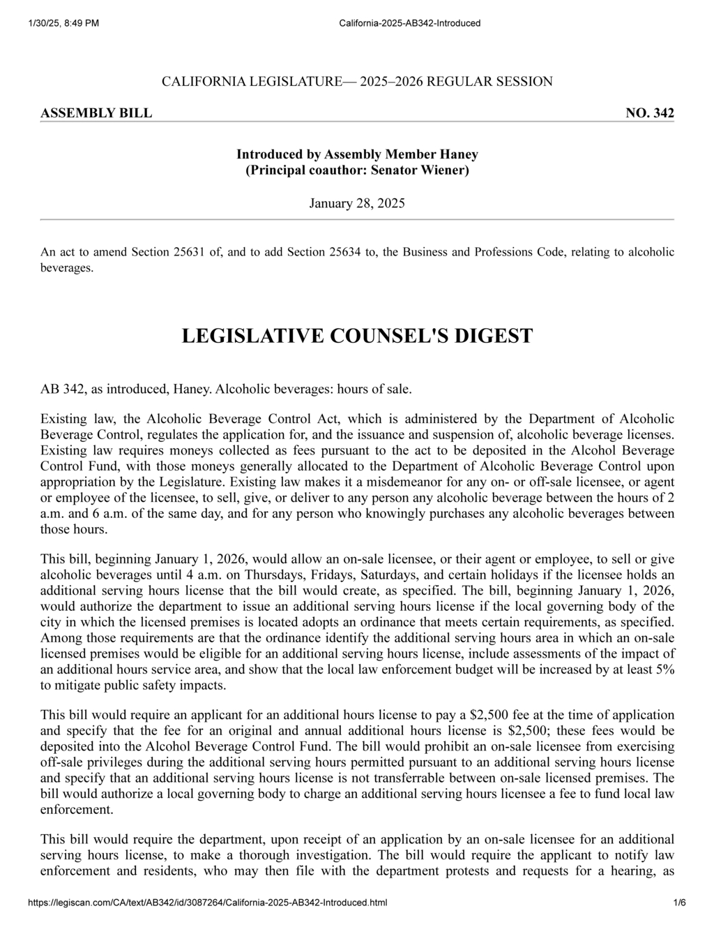 Assembly Member Haney introduces bill to extend alcohol sale hours in California