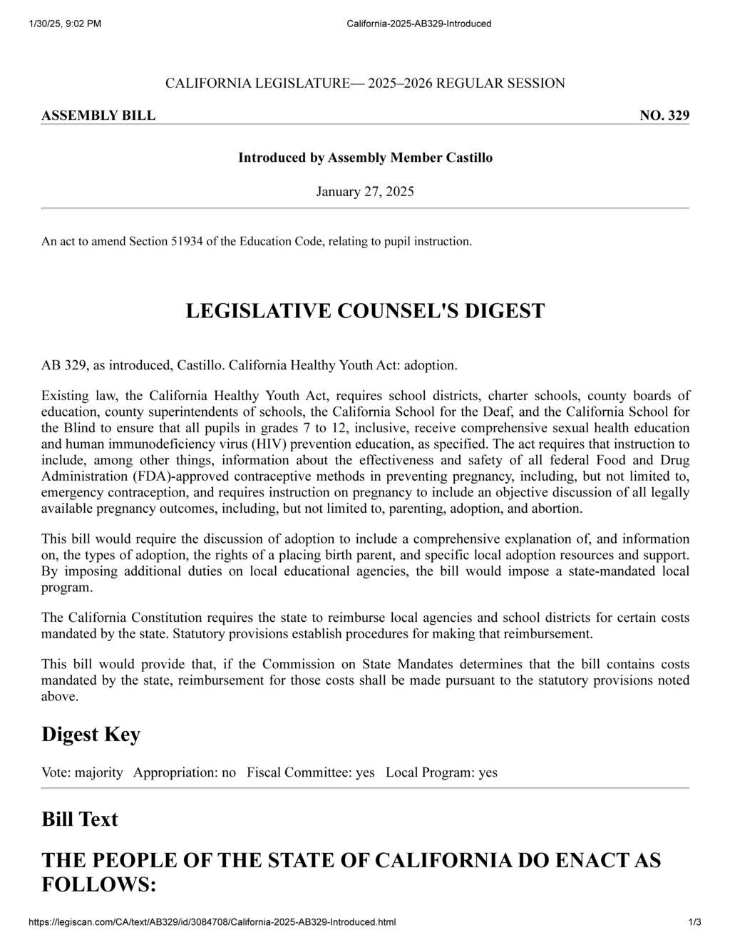 Assembly Member Castillo proposes amendments to California Healthy Youth Act for comprehensive education