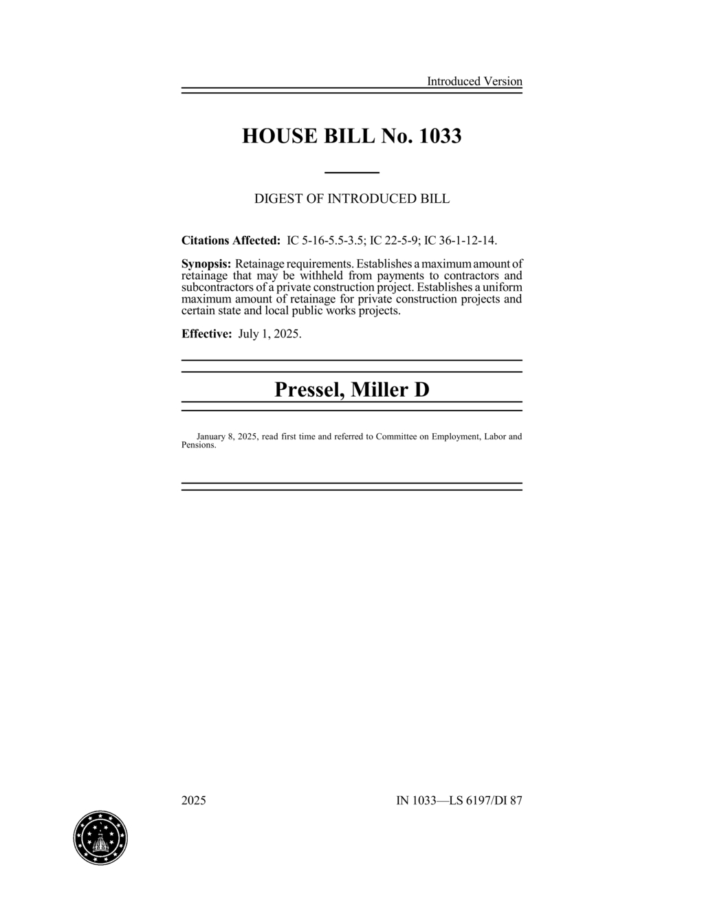 Indiana House Bill 1033 sets maximum retainage limits for private construction payments
