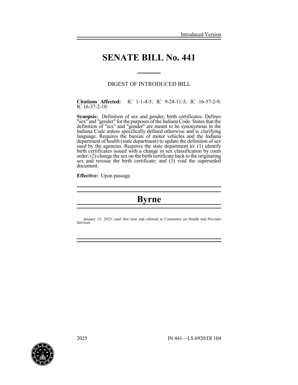 Indiana Senate reviews Bill 441 redefining sex and gender for official documents
