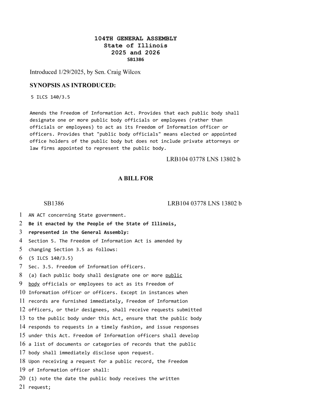Senator Craig Wilcox introduces SB1386 to strengthen Freedom of Information Act in Illinois