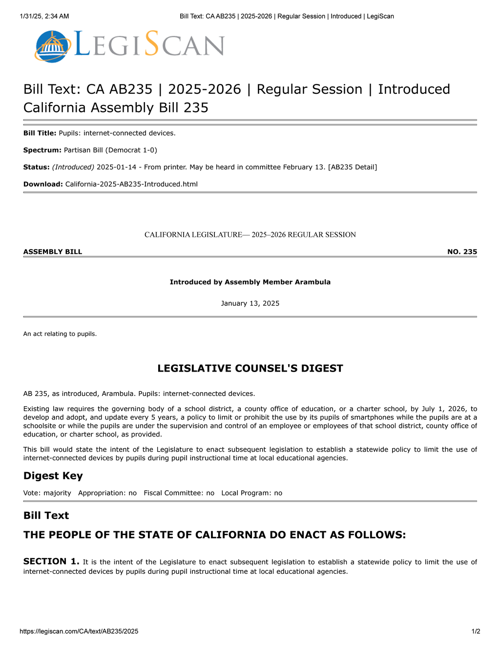 Assembly Member Arambula proposes AB 235 to limit internet device use in schools