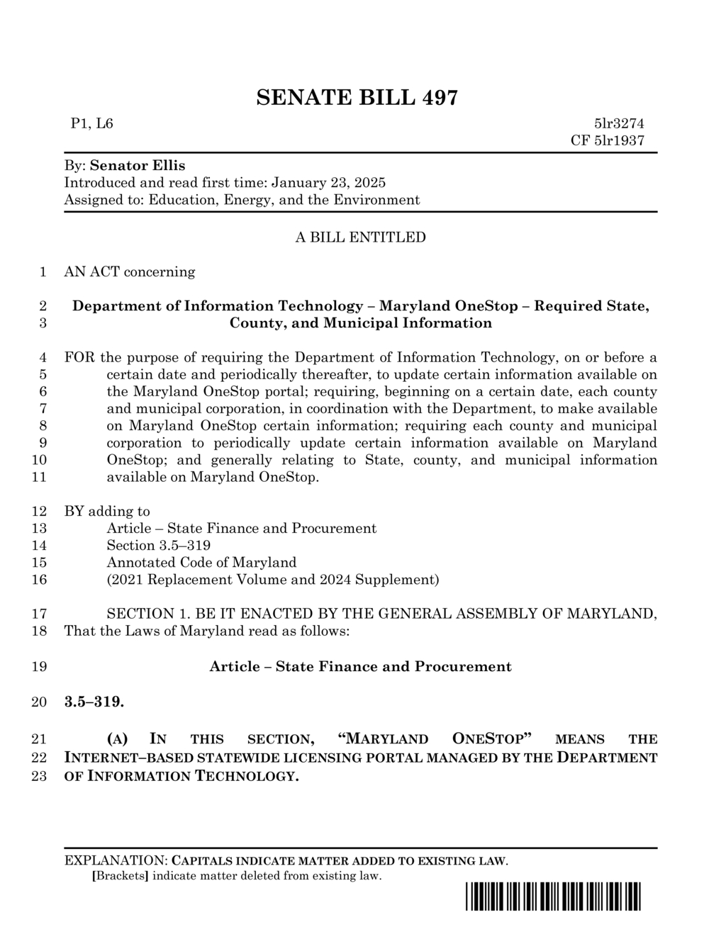 Senator Ellis introduces Maryland OneStop information update bill for state and local data