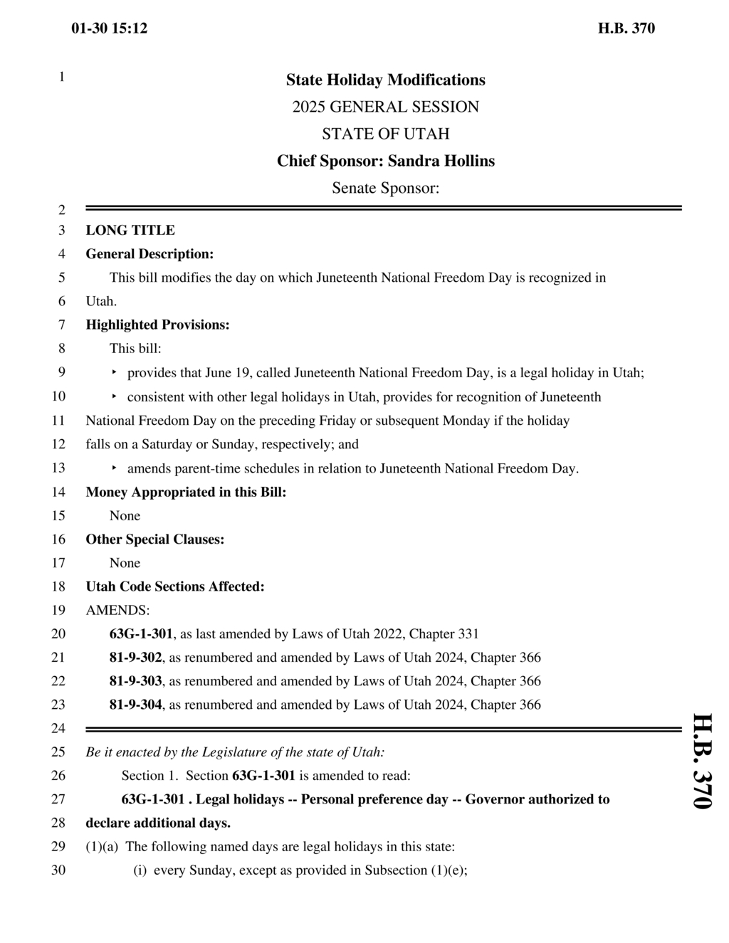 Governor proposes new legal holidays and modifies parent-time schedule for minors