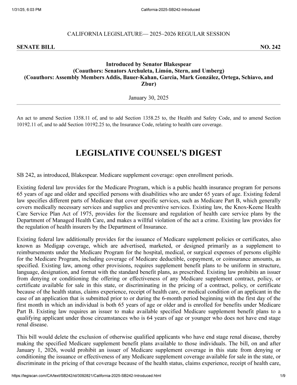 Senator Blakespear proposes SB 242 to expand Medicare supplement coverage in California