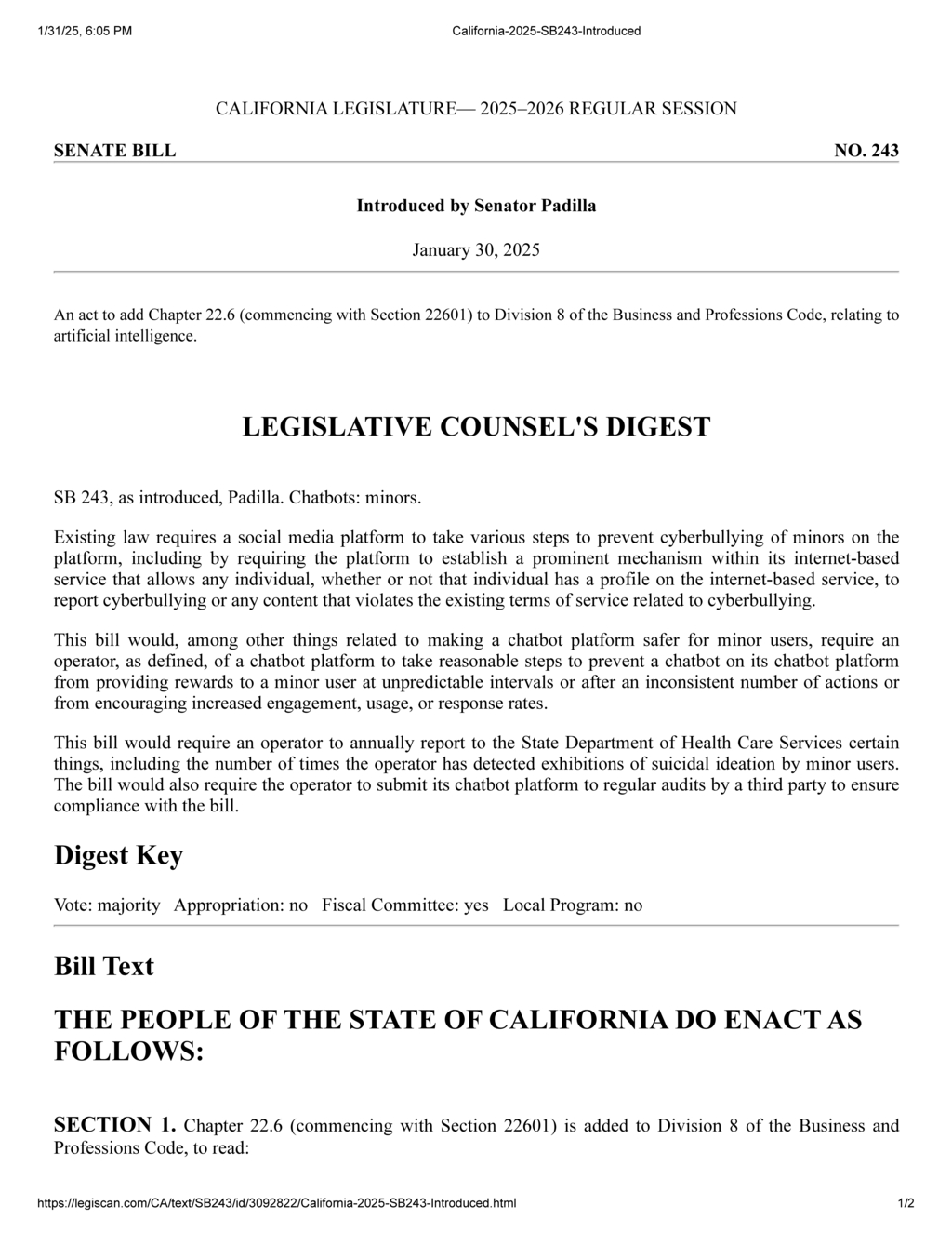 Senator Padilla introduces California Bill SB 243 to regulate chatbots for minors