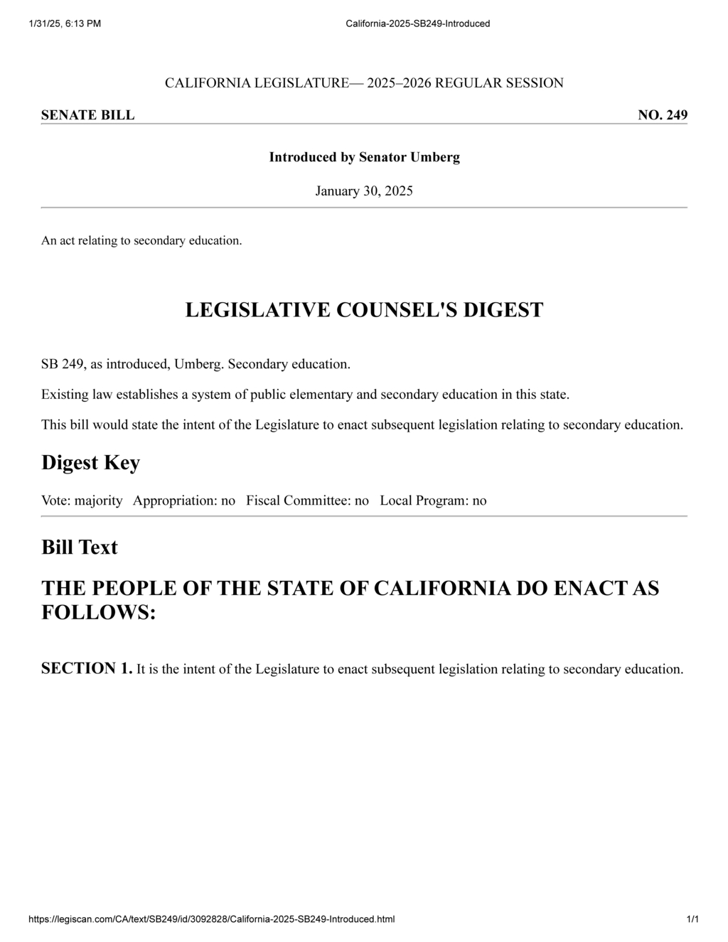 Senator Umberg introduces SB 249 to advance California's secondary education legislation