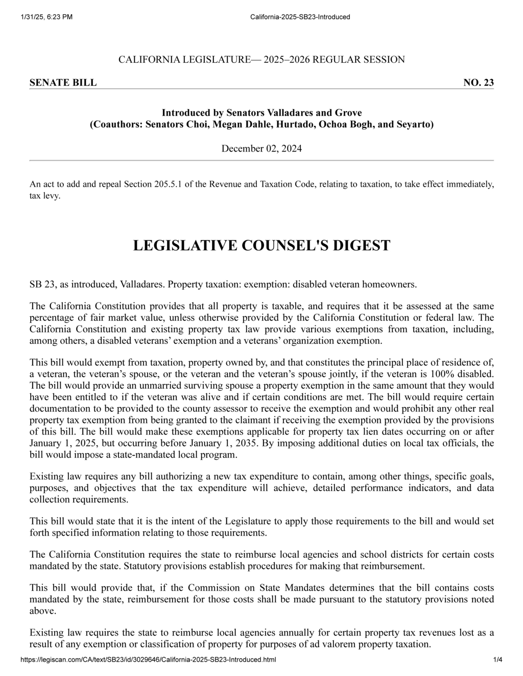 California Senators Valladares and Grove introduce property tax exemption for disabled veterans