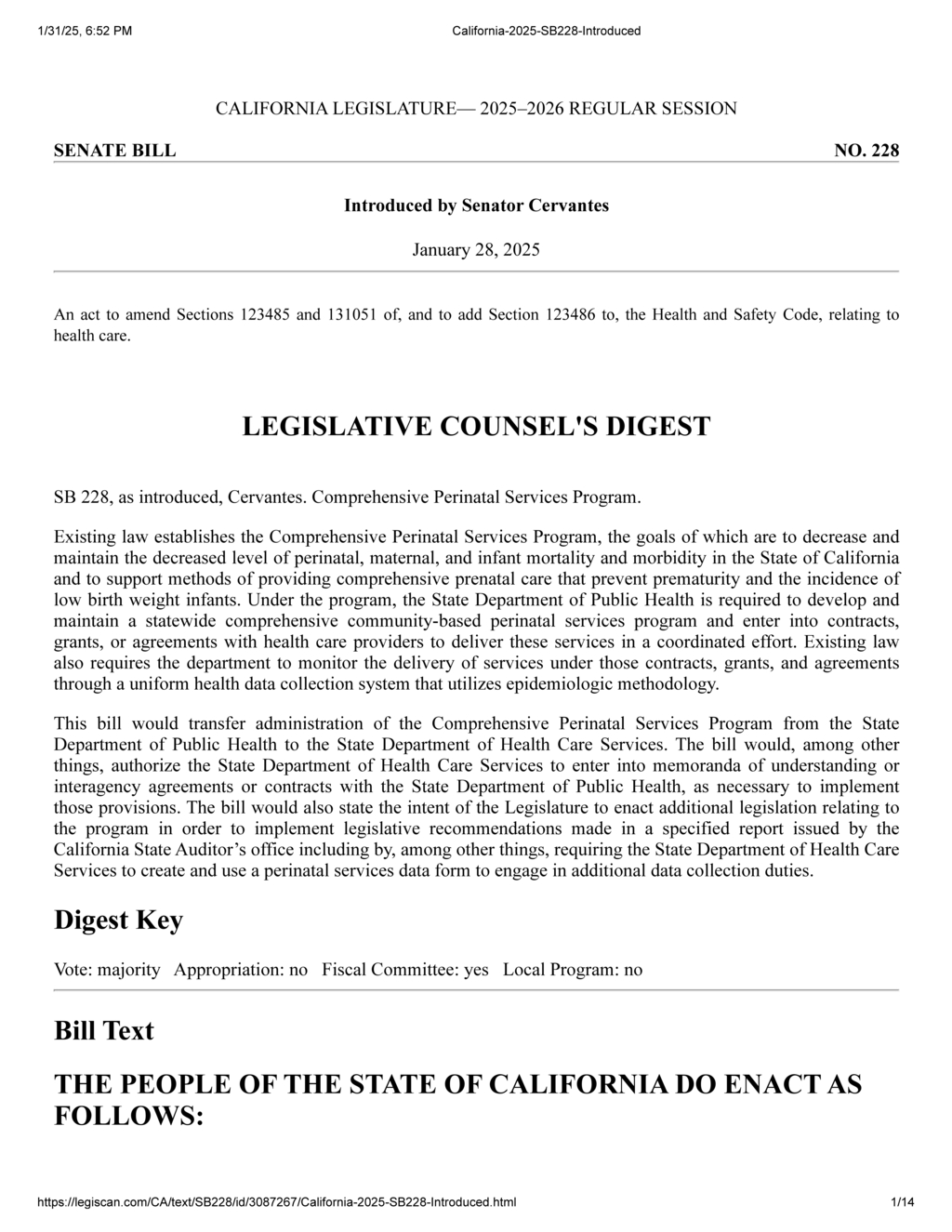 Senator Cervantes introduces SB 228 to enhance California's Comprehensive Perinatal Services Program
