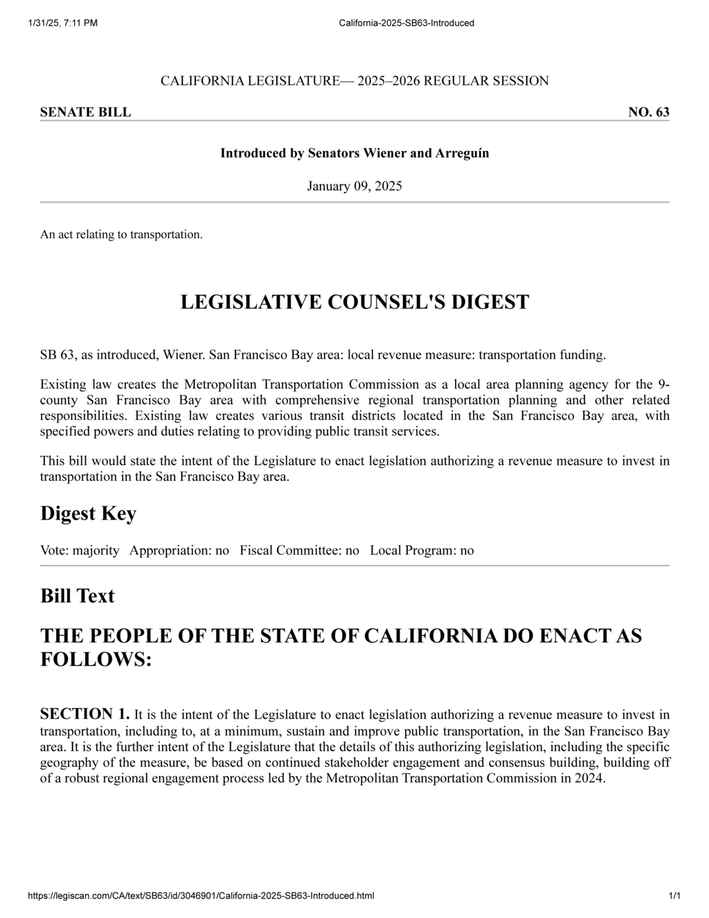 Senators Wiener and Arreguín propose SB 63 for San Francisco Bay area transportation funding