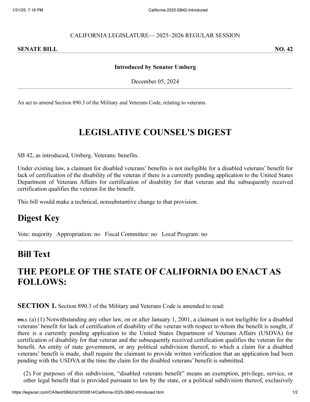 Senator Umberg introduces California SB 42 to streamline veterans disability benefit claims
