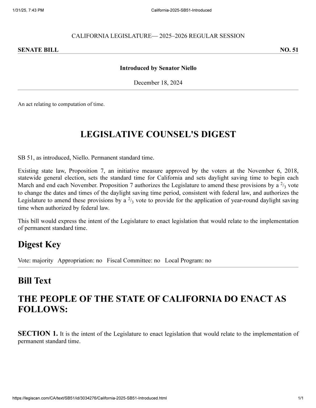 Senator Niello introduces SB 51 for California permanent standard time legislation