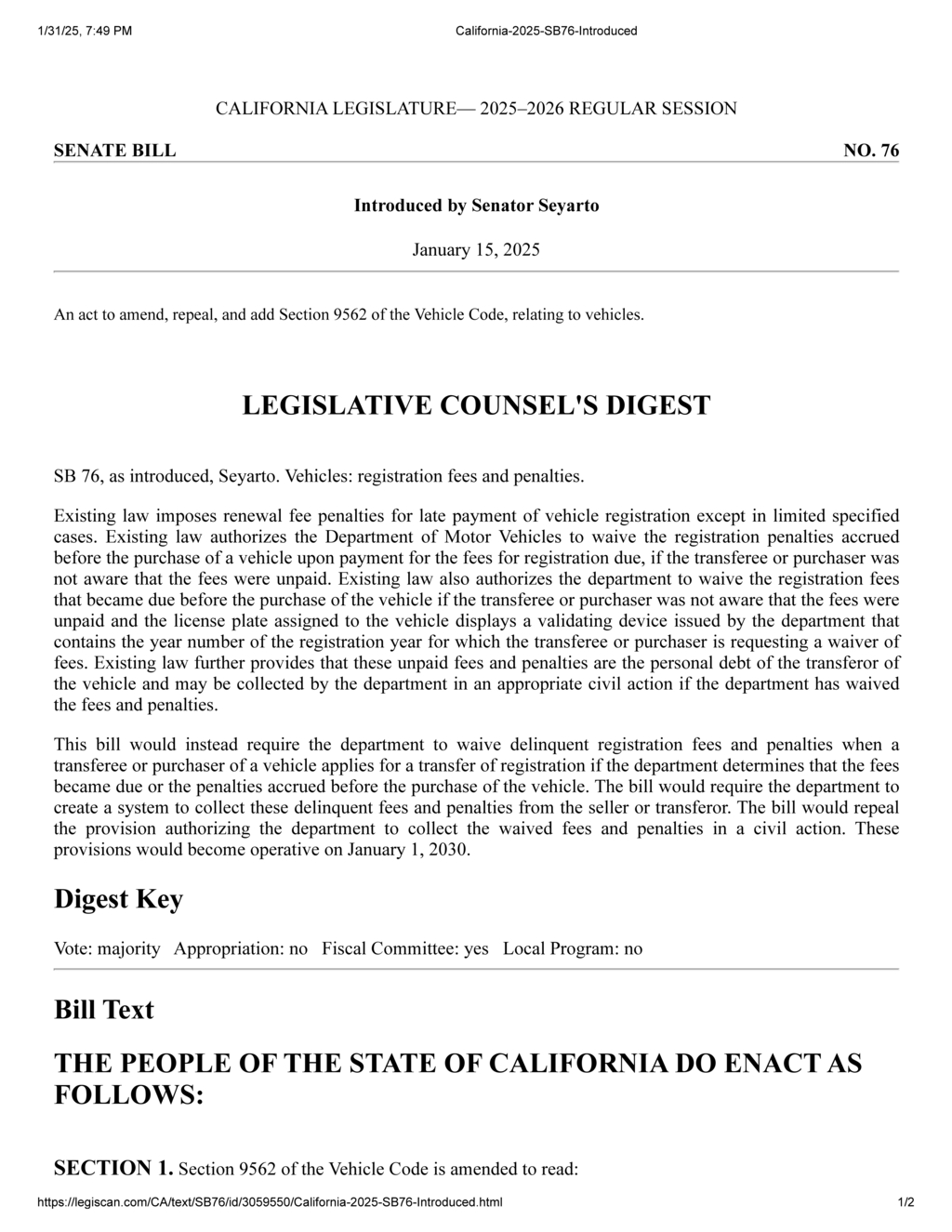 California enacts vehicle registration fee waiver for unwitting buyers under new bill