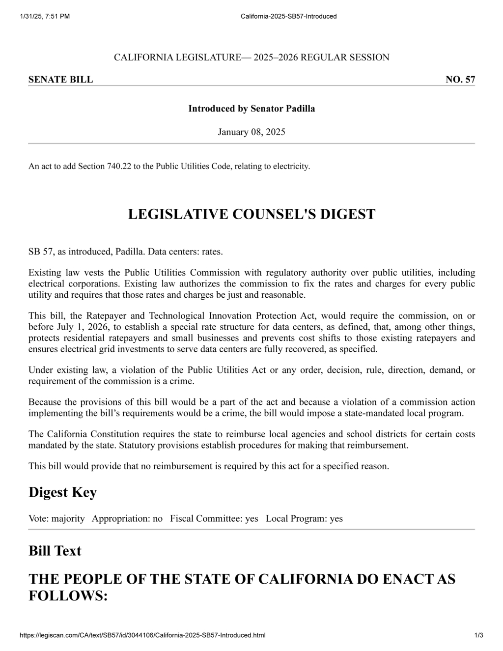 Senator Padilla introduces SB 57 to regulate data center electricity rates in California