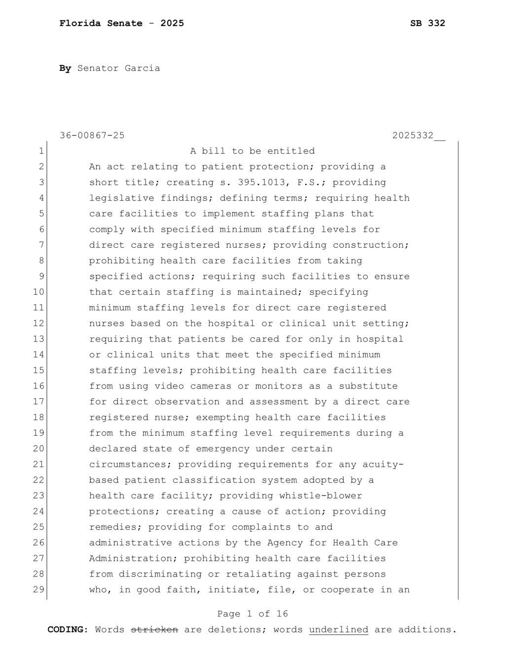 Florida Senate introduces Patient Protection Act mandating minimum nursing staff ratios