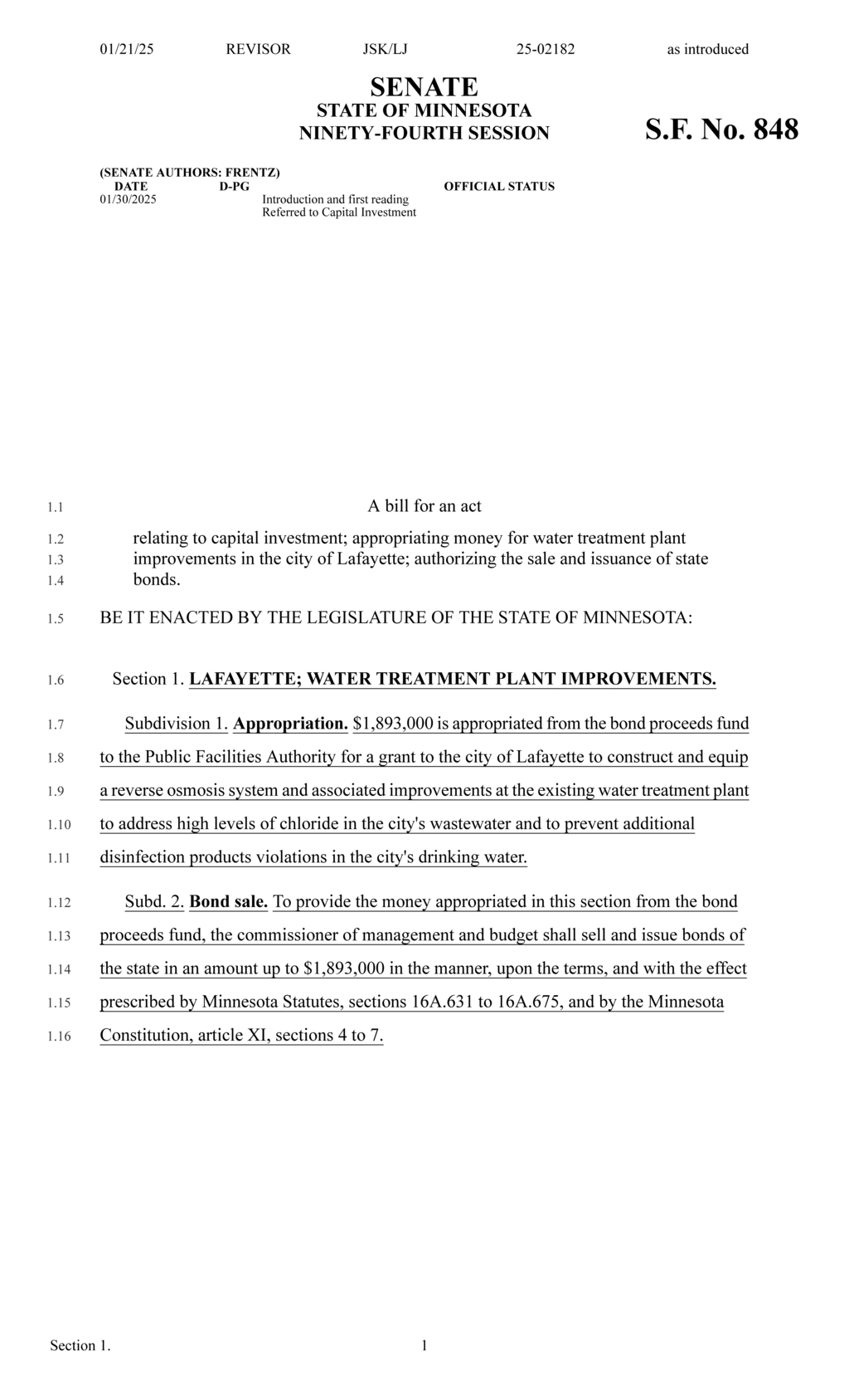 Minnesota Legislature approves $1.9M for Lafayette water treatment plant upgrades