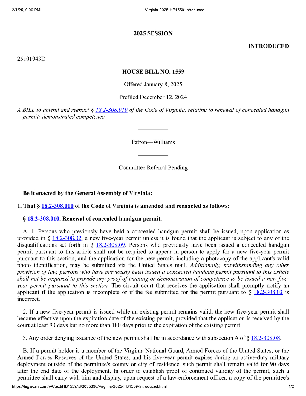 Virginia House Bill 1559 simplifies concealed handgun permit renewal process